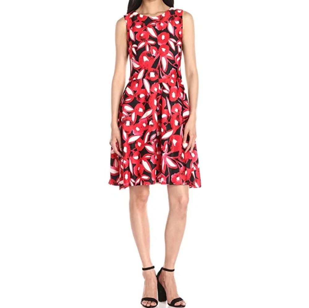 Red Black Poppy Floral Fit and Flare Scuba Dress